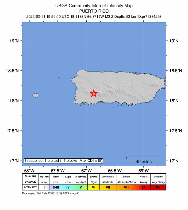 USGS DYFI community-reported intensity map for the M3.2 earthquake near 9 km NNW of Yauco, Puerto Rico