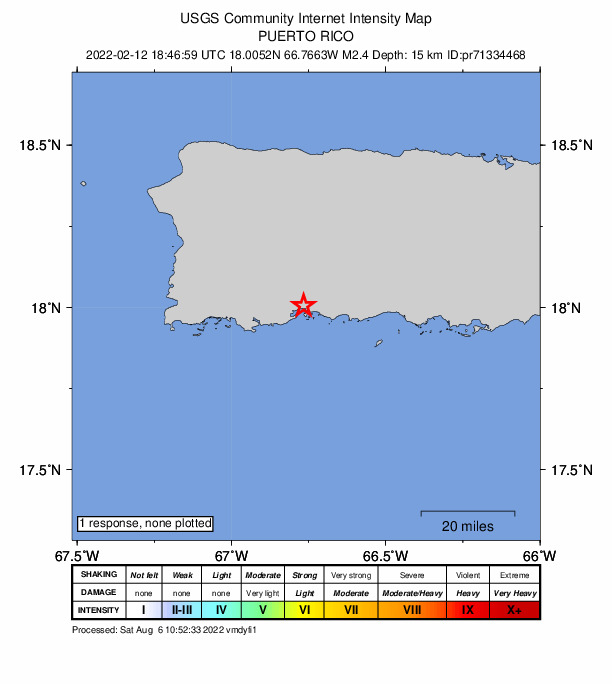 USGS DYFI community-reported intensity map for the M2.4 earthquake near 1 km SSE of Magas Arriba, Puerto Rico