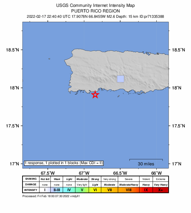 USGS DYFI community-reported intensity map for the M2.6 earthquake near 9 km SSE of Maria Antonia, Puerto Rico
