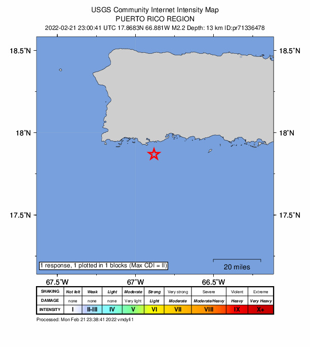 USGS DYFI community-reported intensity map for the M2.3 earthquake near 11 km SSE of Guánica, Puerto Rico