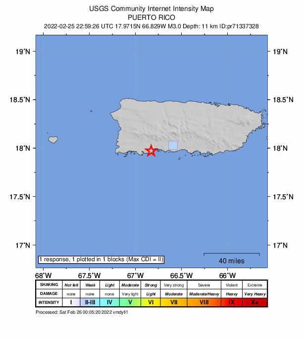 USGS DYFI community-reported intensity map for the M3.0 earthquake near 2 km SSW of Indios, Puerto Rico