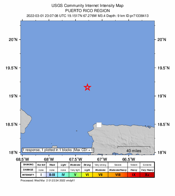 USGS DYFI community-reported intensity map for the M3.4 earthquake near 75 km NNW of San Antonio, Puerto Rico