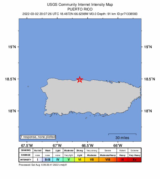 USGS DYFI community-reported intensity map for the M3.0 earthquake near 4 km N of Animas, Puerto Rico