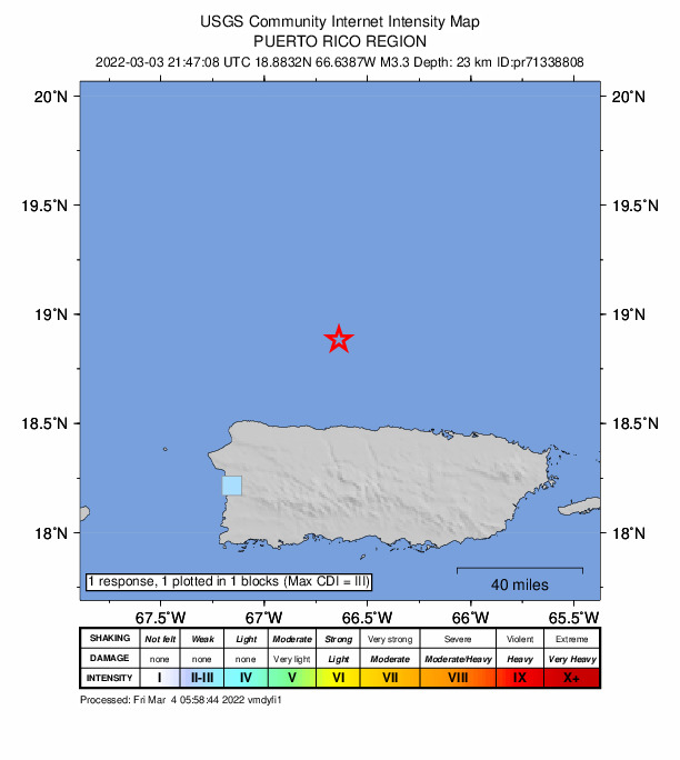 USGS DYFI community-reported intensity map for the M3.3 earthquake near 46 km N of Arecibo, Puerto Rico