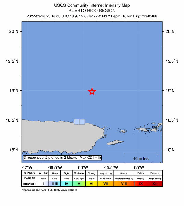 USGS DYFI community-reported intensity map for the M3.2 earthquake near 60 km N of Loíza, Puerto Rico