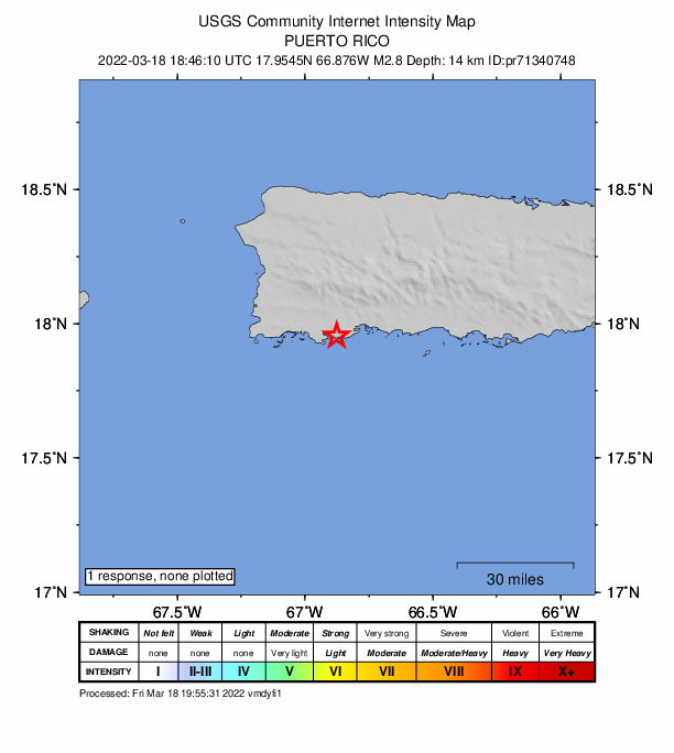 USGS DYFI community-reported intensity map for the M2.8 earthquake near 2 km SSE of Maria Antonia, Puerto Rico