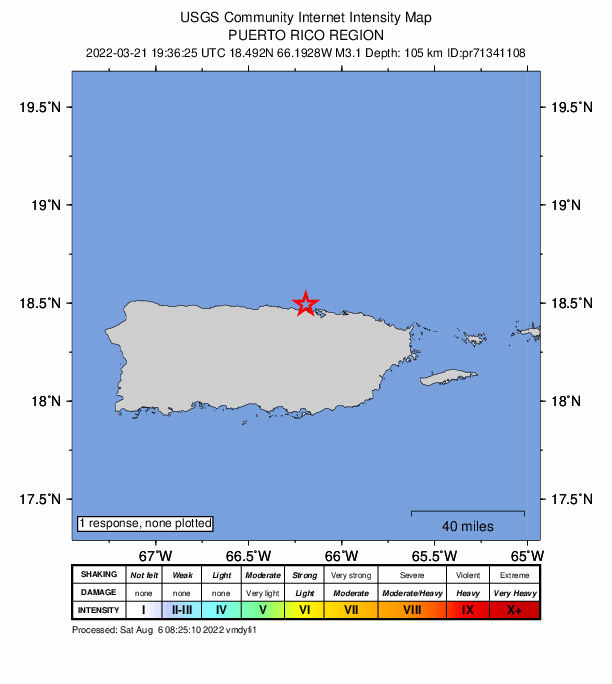 USGS DYFI community-reported intensity map for the M3.1 earthquake near 4 km NNW of Levittown, Puerto Rico