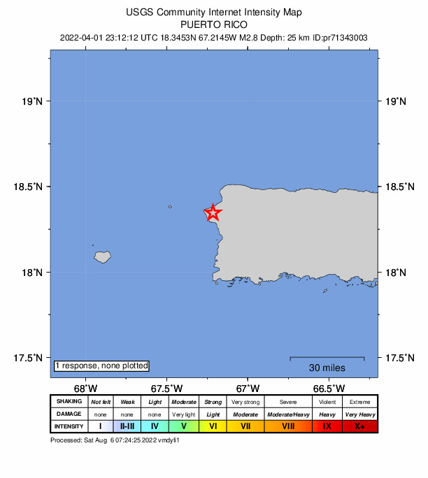 USGS DYFI community-reported intensity map for the M2.8 earthquake near 3 km E of Rincón, Puerto Rico