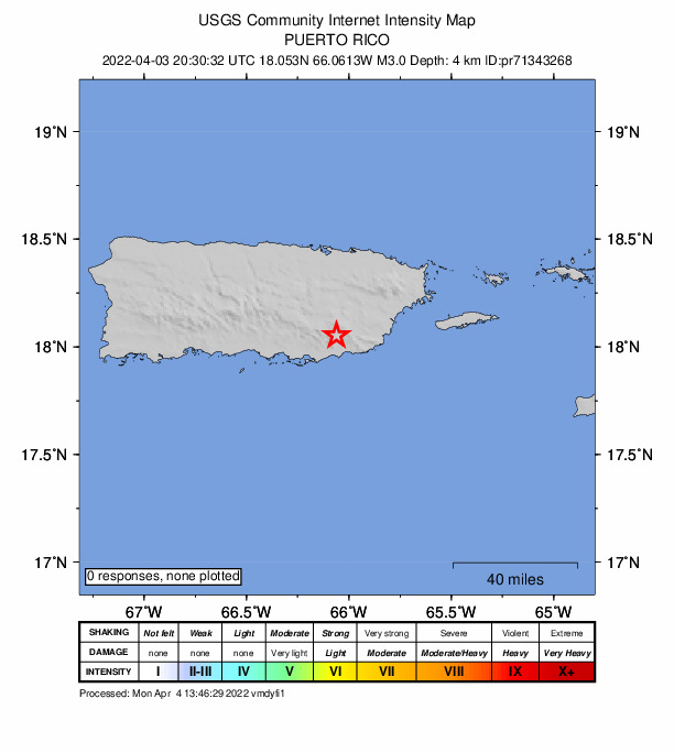 USGS DYFI community-reported intensity map for the M3.0 earthquake near 2 km N of Yaurel, Puerto Rico