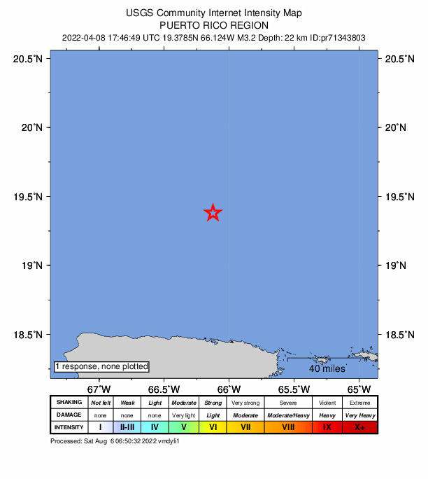 USGS DYFI community-reported intensity map for the M3.3 earthquake near 100 km N of San Juan, Puerto Rico