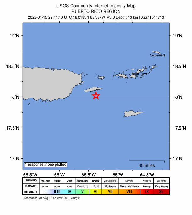 USGS DYFI community-reported intensity map for the M3.0 earthquake near 13 km SE of Esperanza, Puerto Rico