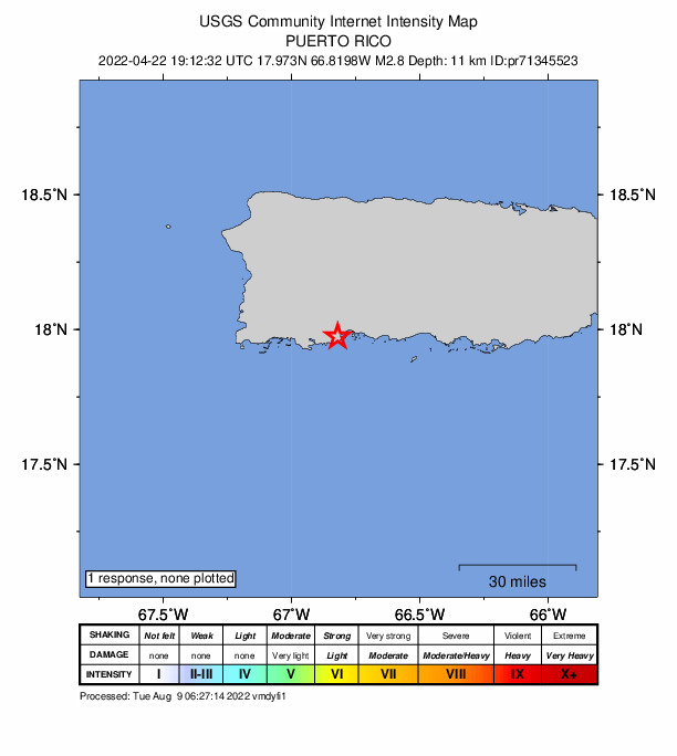 USGS DYFI community-reported intensity map for the M2.8 earthquake near 2 km S of Indios, Puerto Rico