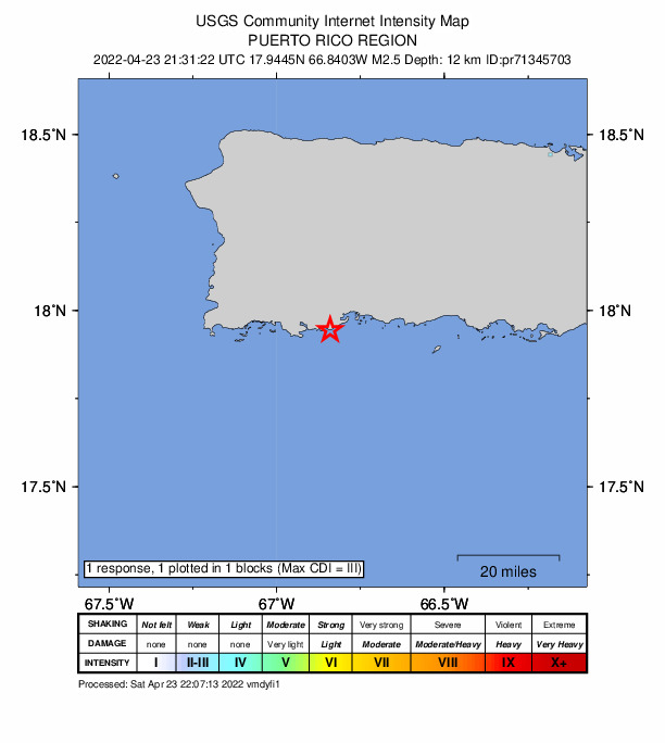USGS DYFI community-reported intensity map for the M2.5 earthquake near 5 km SSW of Indios, Puerto Rico