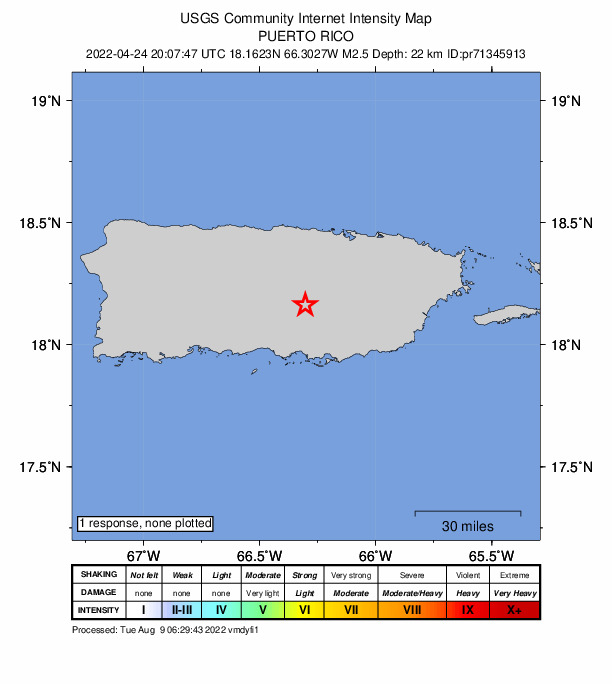 USGS DYFI community-reported intensity map for the M2.5 earthquake near 2 km S of Barranquitas, Puerto Rico