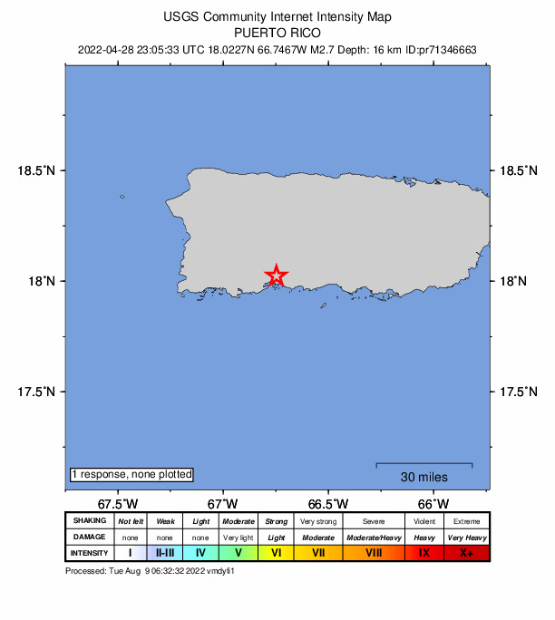USGS DYFI community-reported intensity map for the M2.7 earthquake near 2 km ENE of Magas Arriba, Puerto Rico