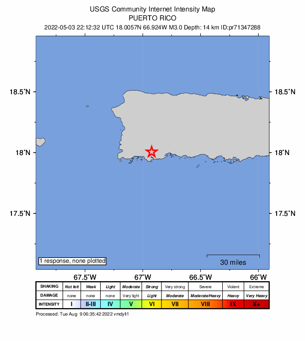 USGS DYFI community-reported intensity map for the M3.0 earthquake near 2 km NNW of Fuig, Puerto Rico