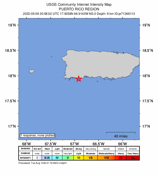 USGS DYFI community-reported intensity map for the M3.0 earthquake near Puerto Rico region