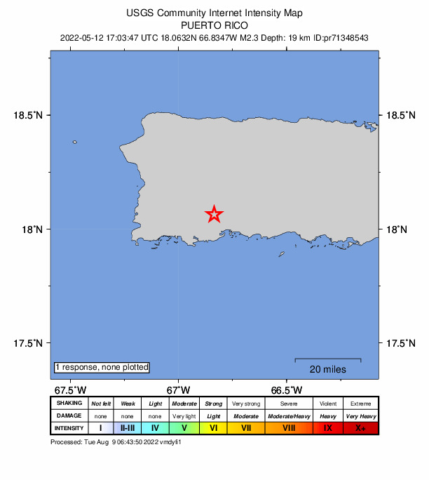 USGS DYFI community-reported intensity map for the M2.3 earthquake near 3 km NNE of Yauco, Puerto Rico