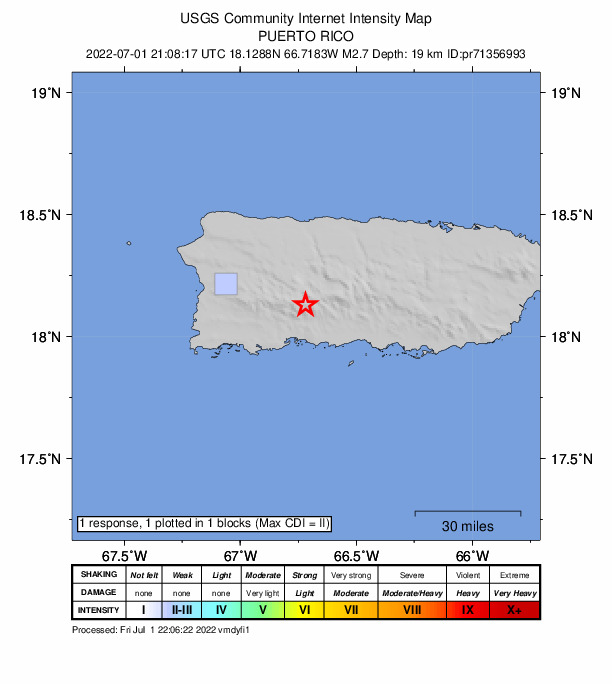 USGS DYFI community-reported intensity map for the M2.7 earthquake near 3 km S of Adjuntas, Puerto Rico