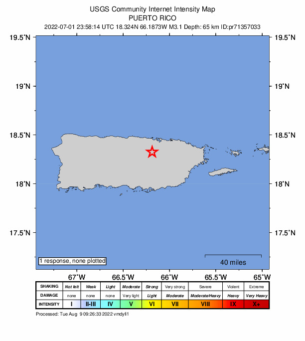USGS DYFI community-reported intensity map for the M3.1 earthquake near 5 km SSE of Pájaros, Puerto Rico