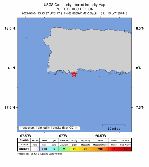 USGS DYFI community-reported intensity map for the M2.0 earthquake near 7 km SSE of Maria Antonia, Puerto Rico