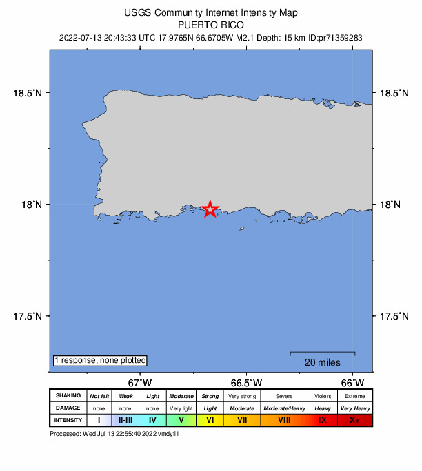 USGS DYFI community-reported intensity map for the M2.1 earthquake near 5 km ESE of Tallaboa, Puerto Rico