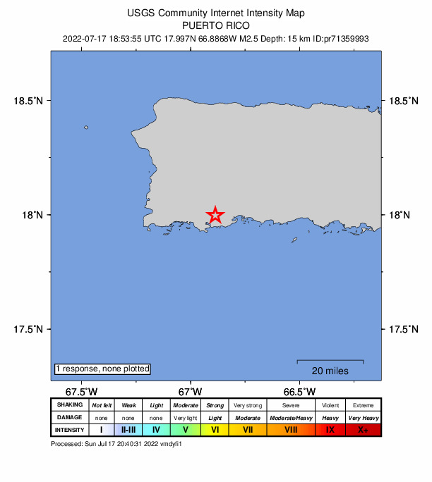 USGS DYFI community-reported intensity map for the M2.5 earthquake near 2 km N of Maria Antonia, Puerto Rico