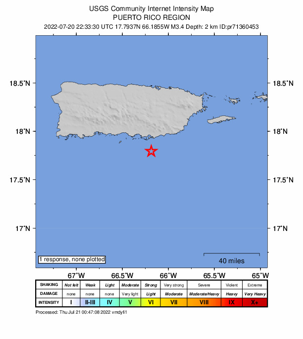USGS DYFI community-reported intensity map for the M3.4 earthquake near 18 km S of Jobos, Puerto Rico