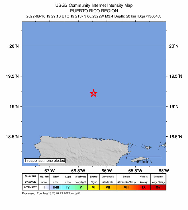 USGS DYFI community-reported intensity map for the M3.4 earthquake near 83 km N of Brenas, Puerto Rico