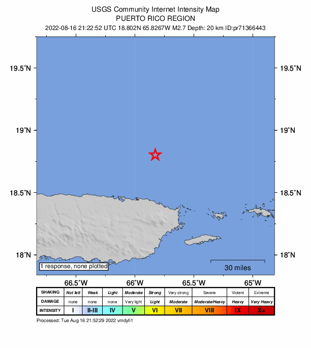 USGS DYFI community-reported intensity map for the M2.7 earthquake near 41 km N of Suárez, Puerto Rico