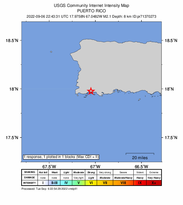 USGS DYFI community-reported intensity map for the M2.1 earthquake near 0 km WNW of La Parguera, Puerto Rico