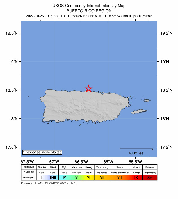 USGS DYFI community-reported intensity map for the M3.1 earthquake near 6 km NNW of Brenas, Puerto Rico