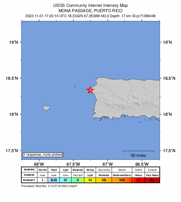 USGS DYFI community-reported intensity map for the M3.0 earthquake near 0 km SSW of Rincón, Puerto Rico