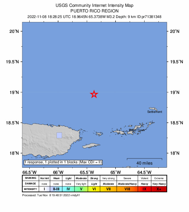 USGS DYFI community-reported intensity map for the M3.2 earthquake near 73 km N of Culebra, Puerto Rico