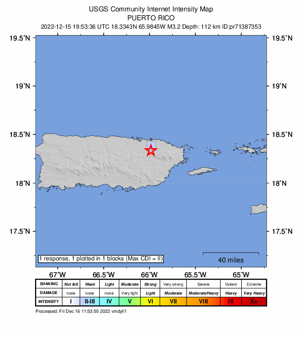 USGS DYFI community-reported intensity map for the M3.3 earthquake near 3 km SE of Trujillo Alto, Puerto Rico
