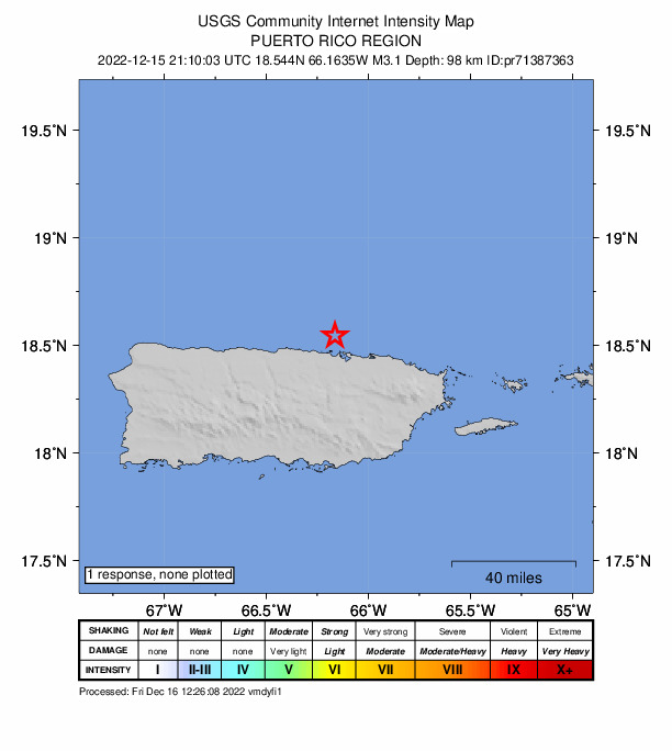 USGS DYFI community-reported intensity map for the M3.1 earthquake near 10 km NW of San Juan, Puerto Rico
