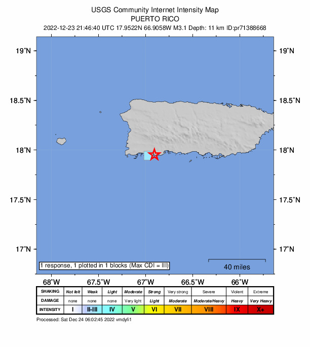 USGS DYFI community-reported intensity map for the M3.1 earthquake near 2 km S of Guánica, Puerto Rico
