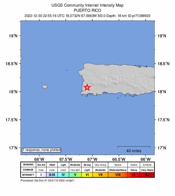 USGS DYFI community-reported intensity map for the M3.0 earthquake near 1 km SSE of Monte Grande, Puerto Rico