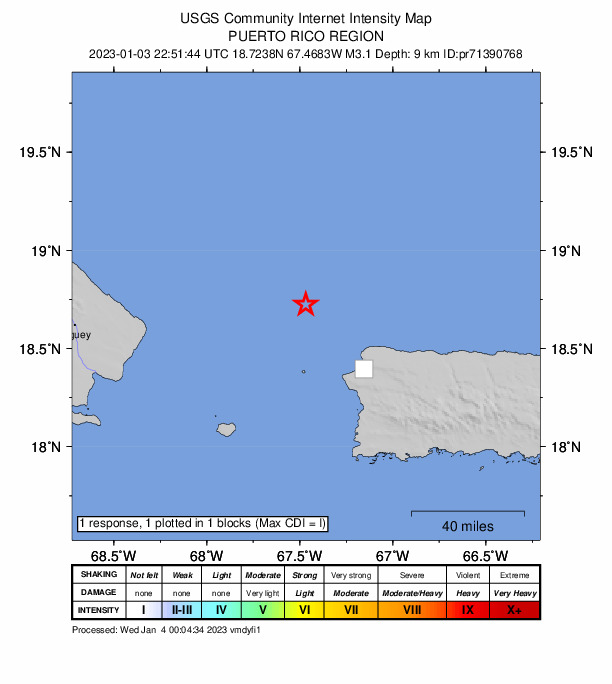 USGS DYFI community-reported intensity map for the M3.1 earthquake near 46 km NW of Aguadilla, Puerto Rico