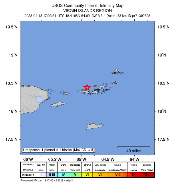 USGS DYFI community-reported intensity map for the M3.4 earthquake near Virgin Islands region