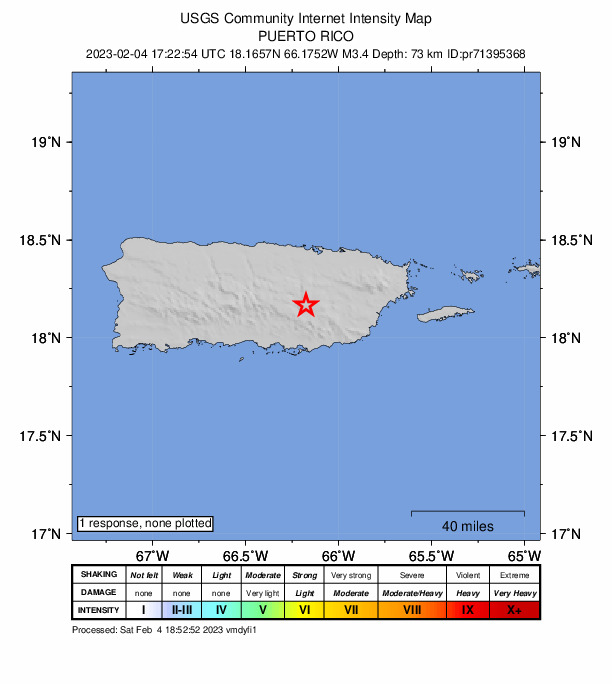 USGS DYFI community-reported intensity map for the M3.4 earthquake near Puerto Rico region