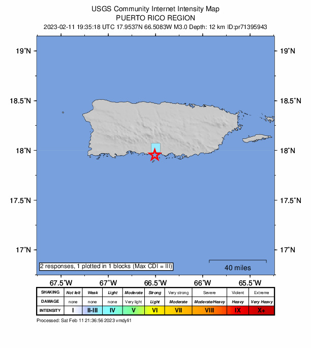 USGS DYFI community-reported intensity map for the M3.0 earthquake near 4 km SSW of Potala Pastillo, Puerto Rico