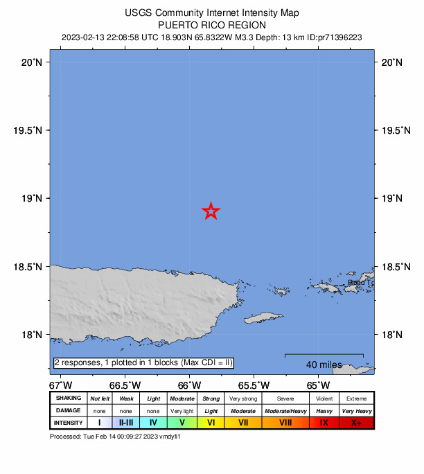 USGS DYFI community-reported intensity map for the M3.3 earthquake near 52 km N of Suárez, Puerto Rico