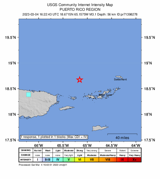 USGS DYFI community-reported intensity map for the M3.1 earthquake near 43 km NNE of Culebra, Puerto Rico