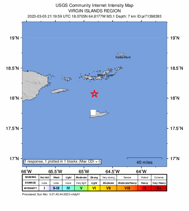 USGS DYFI community-reported intensity map for the M3.1 earthquake near 28 km S of Cruz Bay, U.S. Virgin Islands