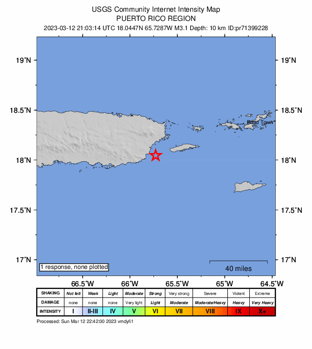 USGS DYFI community-reported intensity map for the M3.1 earthquake near Puerto Rico region