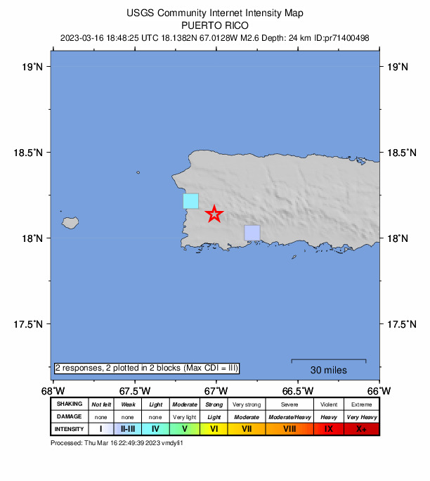 USGS DYFI community-reported intensity map for the M2.6 earthquake near 5 km SW of Maricao, Puerto Rico
