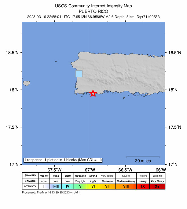 USGS DYFI community-reported intensity map for the M2.6 earthquake near 5 km WSW of Guánica, Puerto Rico