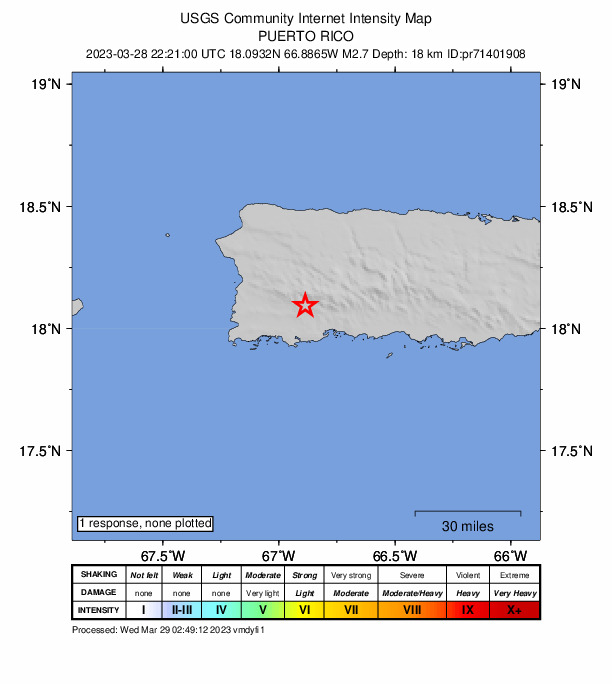 USGS DYFI community-reported intensity map for the M2.7 earthquake near 6 km NNE of Lluveras, Puerto Rico