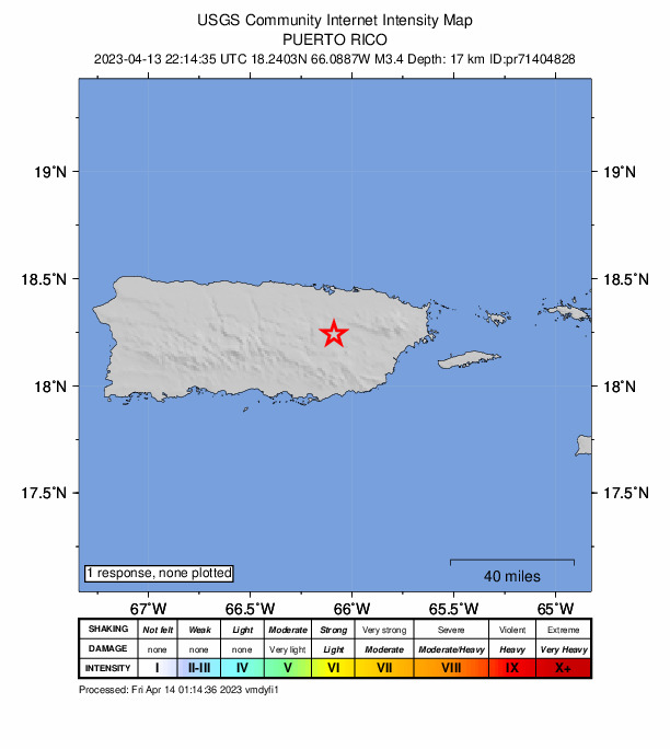 USGS DYFI community-reported intensity map for the M3.4 earthquake near 2 km SE of Aguas Buenas, Puerto Rico